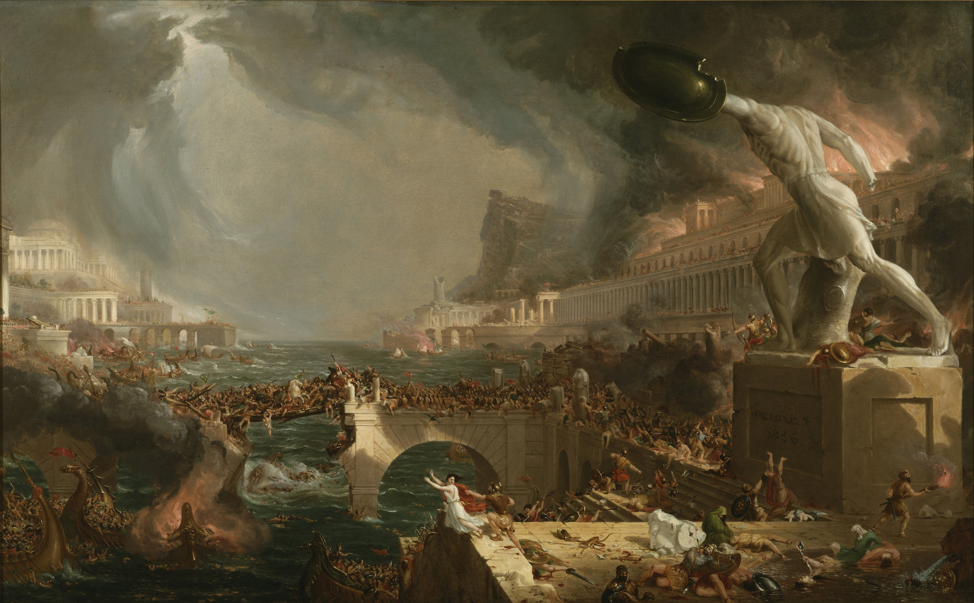 Thomas Cole. The Course of Empire: Destruction. 1836. Oil on canvas. 39 1⁄4 × 63 1⁄2 in. New-York Historical Society. From the exhibition "A Brief History of the Future," Musée du Louvre, Paris. 2015–16.