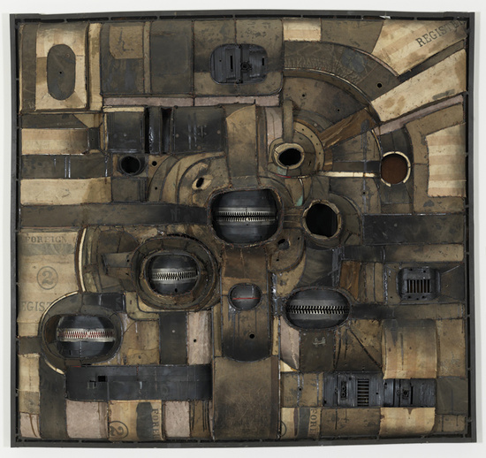 Lee Bontecou. Untitled. 1964. Welded steel, canvas, velvet hooks, grommets, sockets, velveteen, pipe fittings, fiberglass, corduroy, spark plugs, paint, and wire. 72 x 80 in. Honolulu Museum of Art. Featured in "Revolution in the Making," Hauser Wirth & Schimmel, Los Angeles.