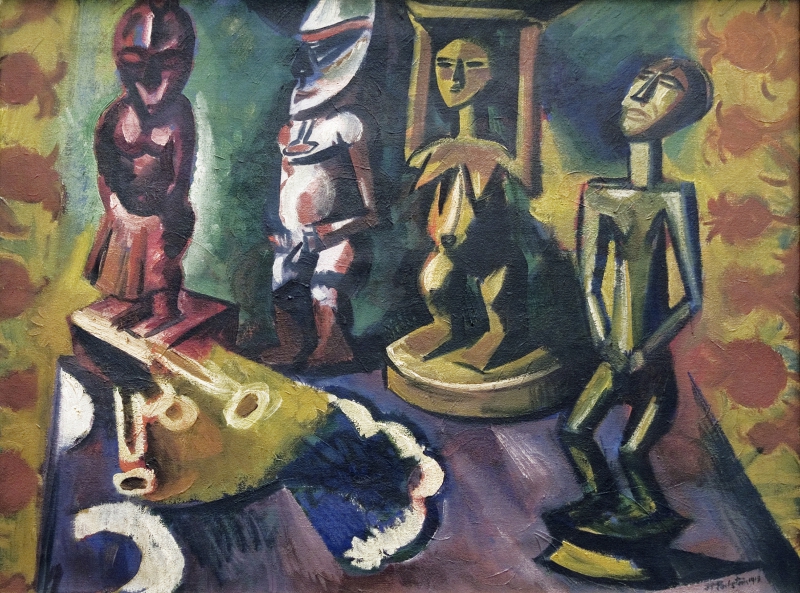 Max Pechstein. Still Life with Negro Statues. 1918. Oil on canvas. 26¼ × 35½ in.From "Foreign Gods," Leopoldmuseum, Vienna.