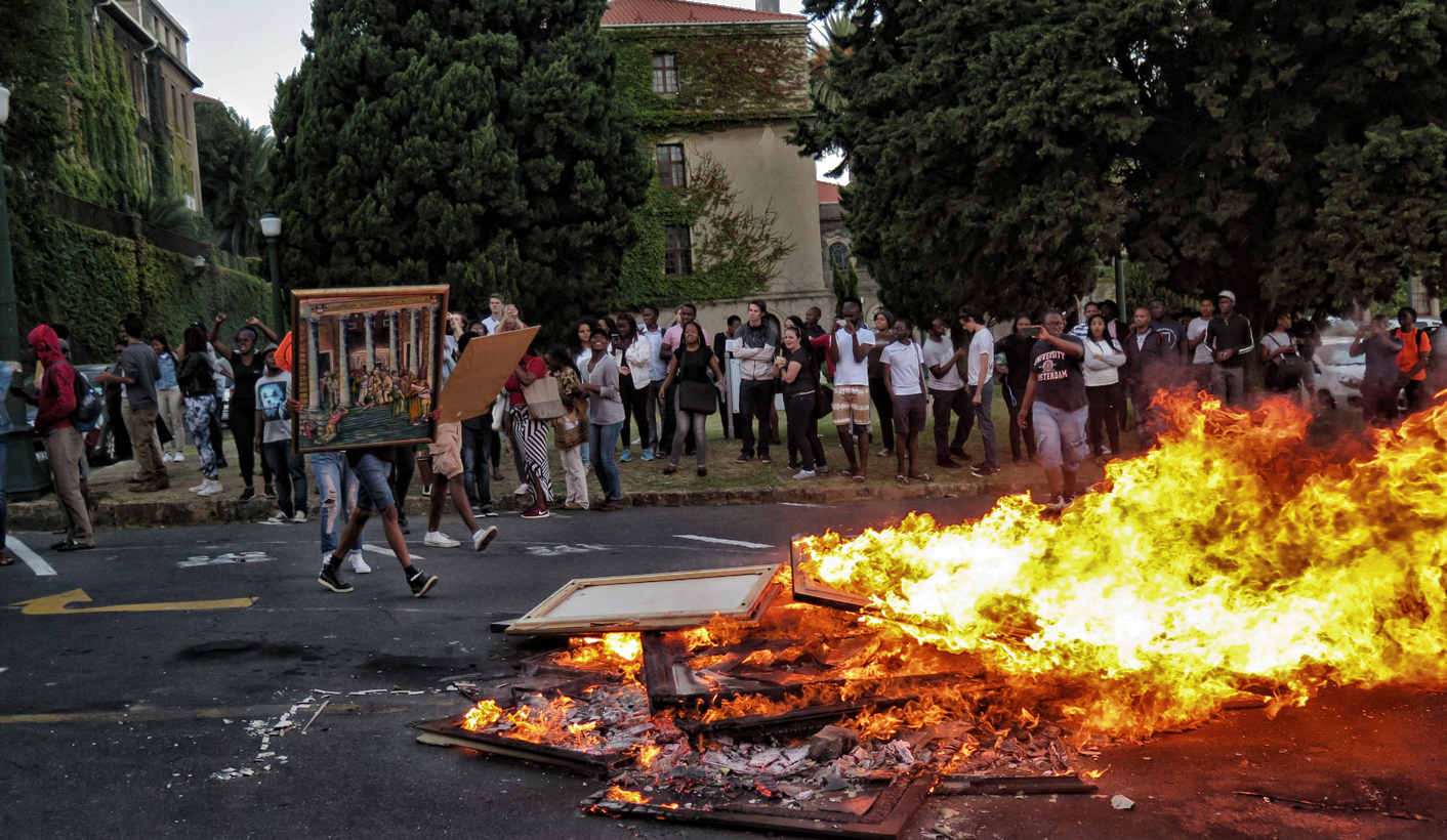 Students at the University of Cape Town burn artworks. February 16, 2016. Photo: Ashleigh Furlong.