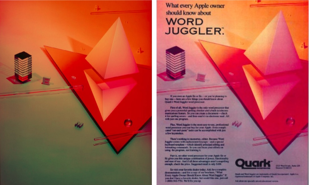 Left: Barbara Kasten. Quark Word Juggler. 1985. Transparency.Courtesy the artist; Bortolami, New York; and Kadel Willborn, Düsseldorf.Right: Advertisement for Quark, Inc. in the magazine Creative Computing. 1985.