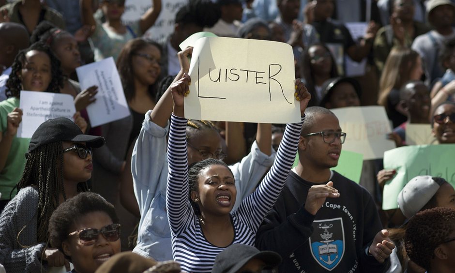 A student protester at the University of Stellenbosch, following the release of the film Luister. 2015.
