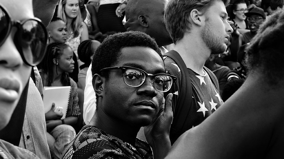 A student with the #RhodesMustFall movement. University of Cape Town. 2015. Photo: Desmond Bowles. 