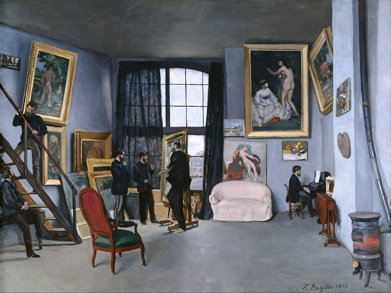 Frédéric Bazille (with additions by Édouard Manet). Bazille's Studio. 1870.Oil on canvas. 38½ × 50½ in. Musée d'Orsay, Paris.